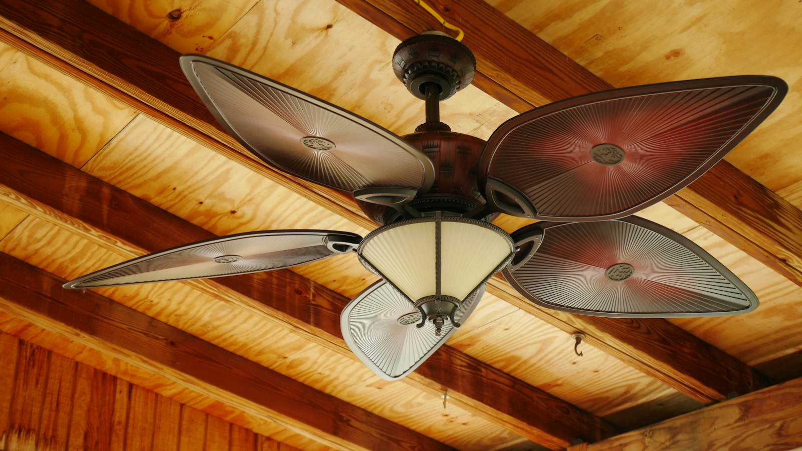Ceiling fan with a light kit mounted on a wood-plank ceiling